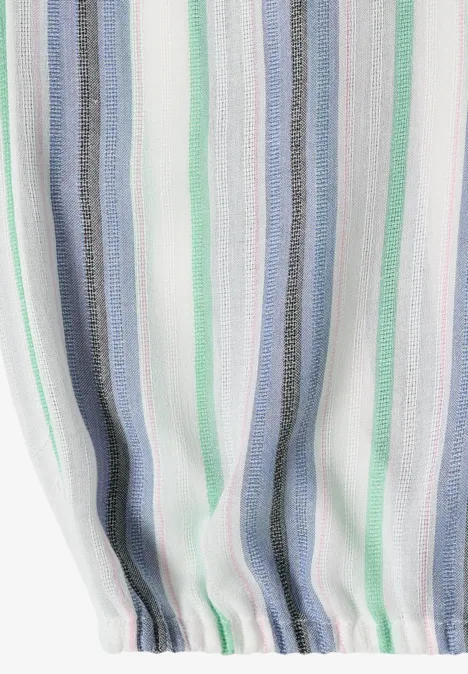 Kurzarm Bluse mit Split Neck und Streifen vanilla white Elastisches Bündchen eines Kleidungsstücks mit pastellfarbenen vertikalen Streifen in Blau, Grün und Grau