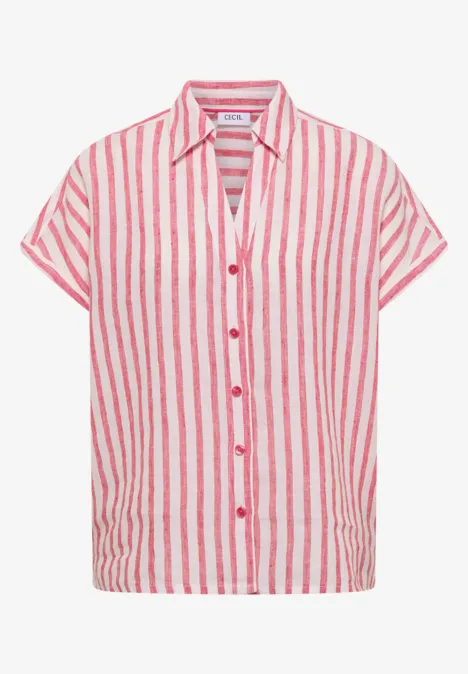 Rotes und weißes gestreiftes Kurzarm-Hemd mit Knopfleiste.