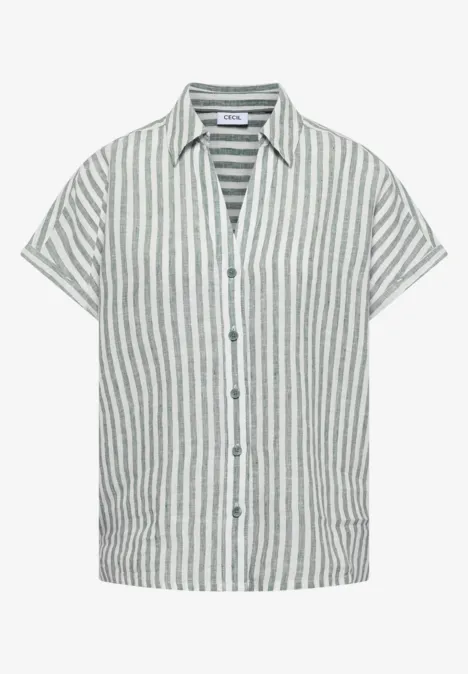 Chemise légère à manches courtes boutonnée, rayures verticales blanches et grises.