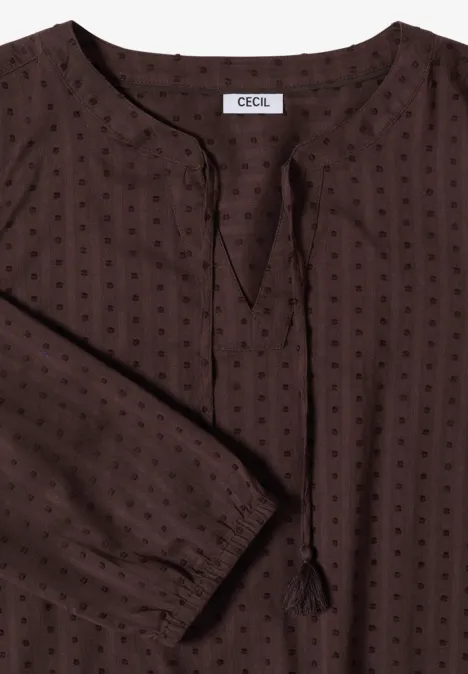 Bruine blouse met subtiel stippenpatroon, V-hals en koordjes