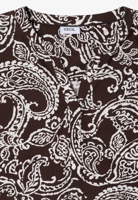 Blouse met split in de hals en print brown cacao Braunes Damen-Shirt mit weißem Paisley-Muster und kurzem Arm, dezenter Knopfleiste, legere Passform.