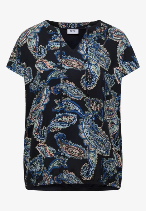 Blouse met split in de hals en een mix van texturen universal blue Damenbluse kurzärmelig schwarz mit blau-weißen Paisley-Muster und V-Ausschnitt.