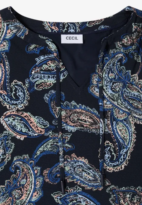 Blouse met split in de hals en een mix van texturen universal blue Dunkelblaue Bluse mit Paisley-Muster in Blau, Beige und Weiß von CECIL.