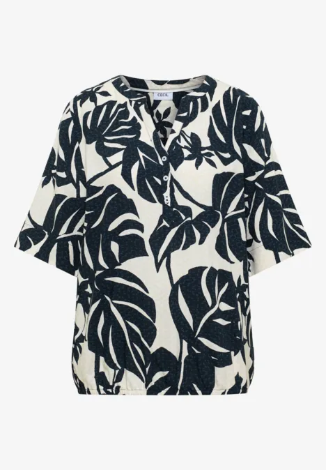 Blouse met korte mouwen en gespleten hals palm breeze green Weißer Kurzarmblouson mit dunkelblauem Blattmuster, V-Ausschnitt und lockerer Passform.