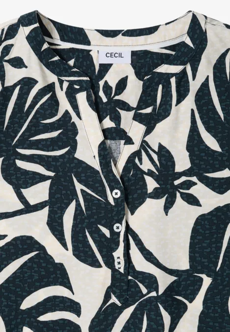 Blouse met korte mouwen en gespleten hals palm breeze green Leichte Bluse mit dunkelblauem Blattmuster, halbe Knopfleiste und Rundhalsausschnitt.