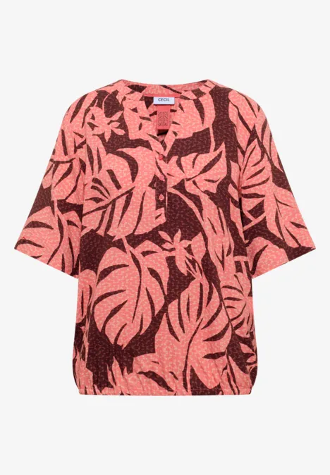 Blouse met korte mouwen en gespleten hals null Locker geschnittene rosa Bluse mit dunkelrotem Monstera-Blättermuster und halblangen Ärmeln