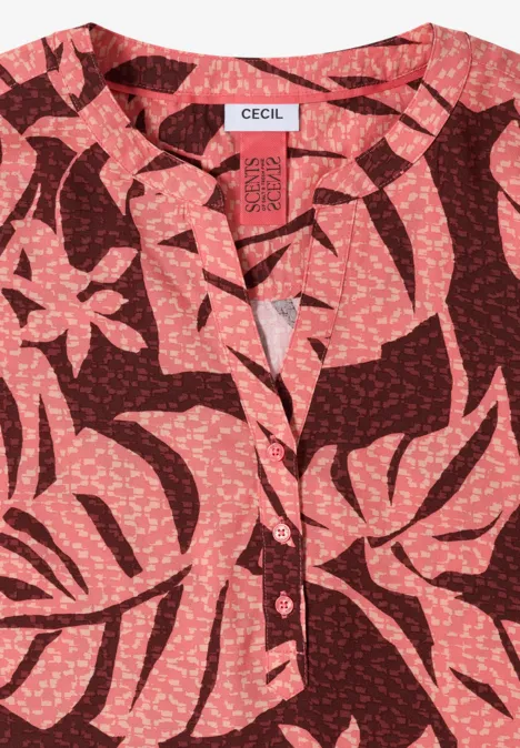 Blouse met korte mouwen en gespleten hals null Rote Bluse mit rosenfarbenem, tropisch-inspiriertem Blattmuster.