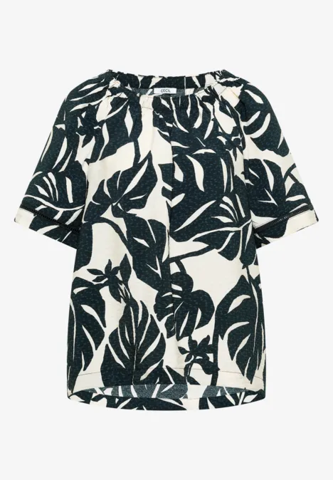 Schulterfreies Shirt in Weiß mit schwarzem Blattmuster