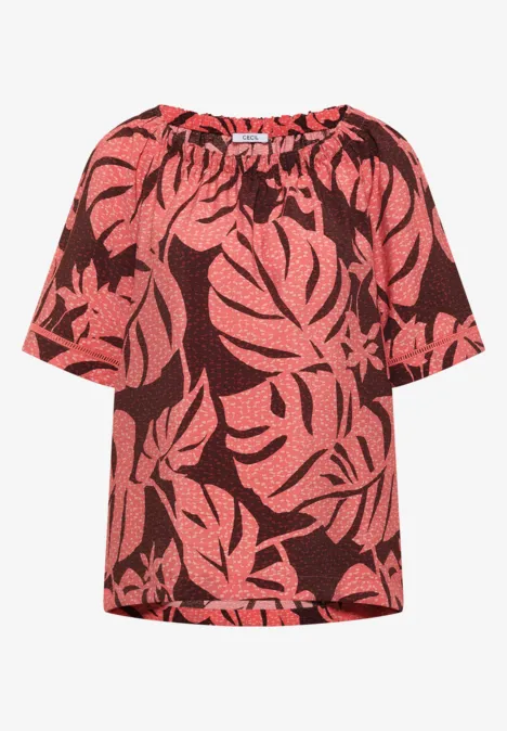 Carmen-Bluse mit Kurzarm und Blätterprint coral Rotes kurzärmliges Damenoberteil mit schwarzem tropischem Blattmuster