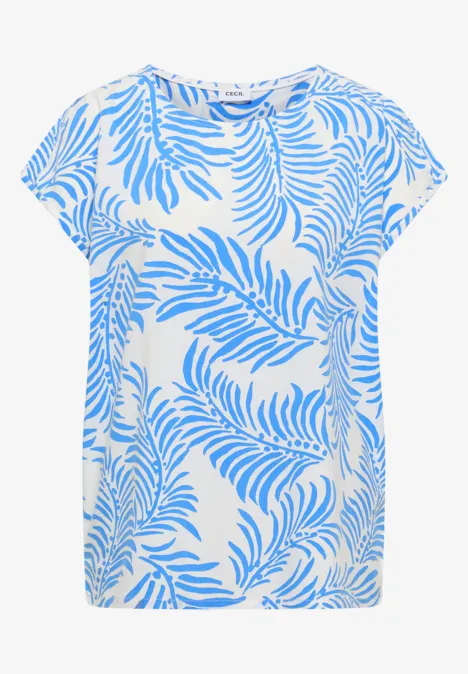 Weißes T-Shirt mit lockerem Schnitt, übersät mit auffälligem, hellblauem Palmenblattmuster.