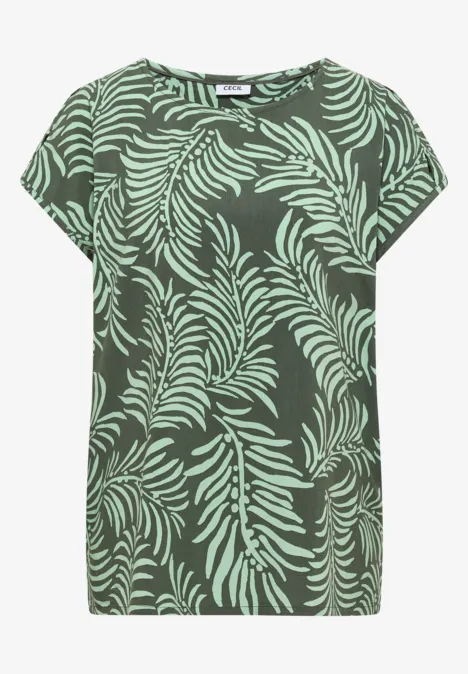 Grünes T-Shirt mit großem hellgrünem Blätter-Muster.