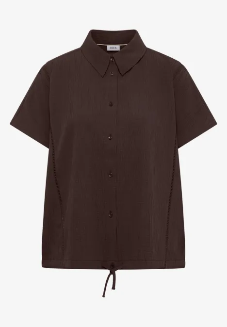 Dropped Shoulder Hemdbluse in Unifarbe brown cacao Dunkelbraunes Kurzarmhemd mit Knopfleiste, klassischem Kragen und Kordelzug am Saum.