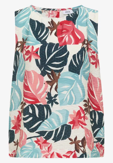 Blouse met ronde hals en bladerenprint light alabaster white Mouwloze top met kleurrijk tropisch bladerenpatroon