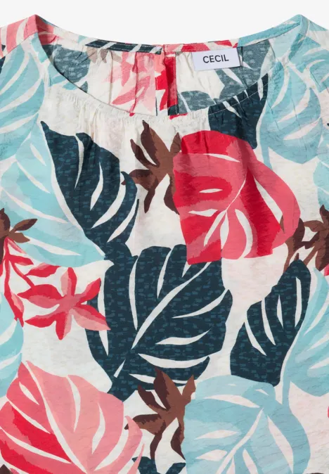 Blouse met ronde hals en bladerenprint light alabaster white Mouwloze damestop met tropische blad- en bloemenprint in rood, licht- en donkerblauw op witte achtergrond.