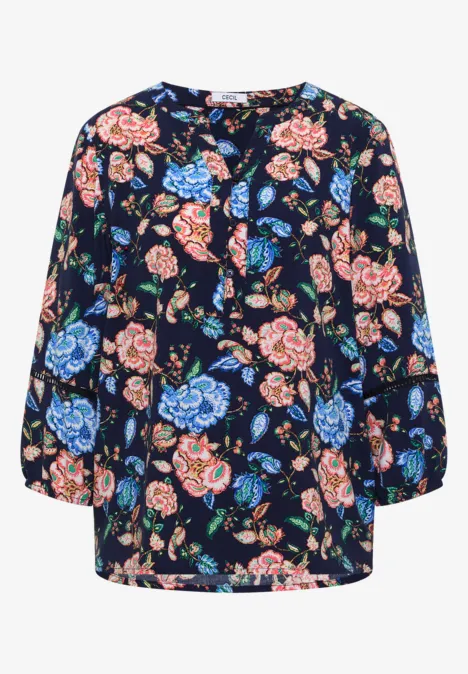 3/4-Arm Tunika mit floralem Muster urban dark blue Dunkelblaue Bluse mit buntem Blumenmuster, 3/4-Ärmel und Knopfleiste.