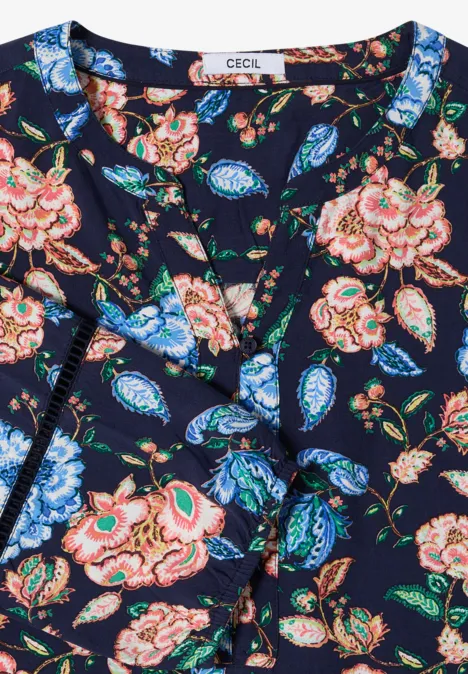 3/4-Arm Tunika mit floralem Muster urban dark blue Dunkelblaue Bluse mit farbigem Blumenmuster und V-Ausschnitt (Marke CECIL).