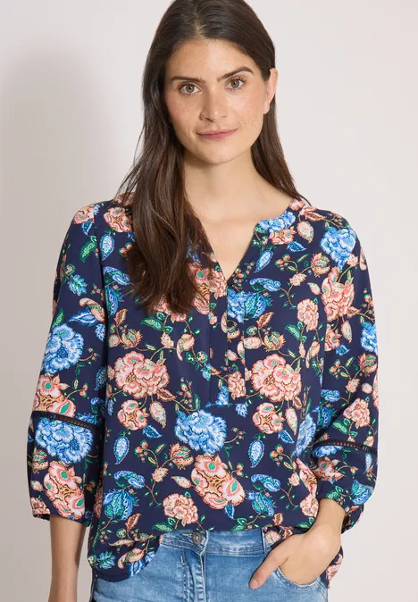 3/4-Arm Tunika mit floralem Muster urban dark blue Bluse mit blauem Grund und farbenfrohem Blumenmuster, locker geschnitten, 3/4-Ärmel