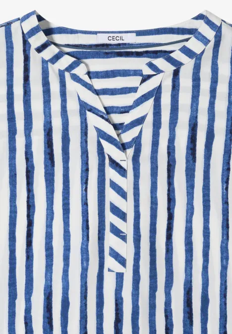 Dropped Shoulder Bluse mit Streifen urban navy blue Weiß-blau gestreiftes Leinenhemd ohne Kragen, V-Ausschnitt, lockerer Schnitt.