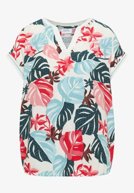Bluse mit Split Neck und Printmix light alabaster white Bluse mit buntem tropischem Blatt- und Blumenmuster.