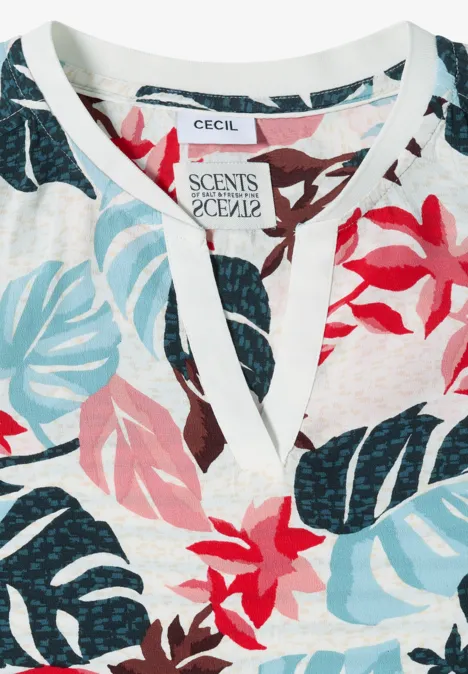 Bluse mit Split Neck und Printmix light alabaster white Weißes Damenoberteil mit buntem Blatt- und Blumenmuster in Rot, Blau und Rosa.