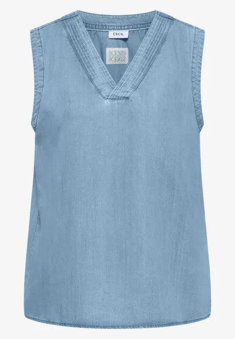 Ärmelloses, hellblaues Jeans-Top mit tiefem V-Ausschnitt.