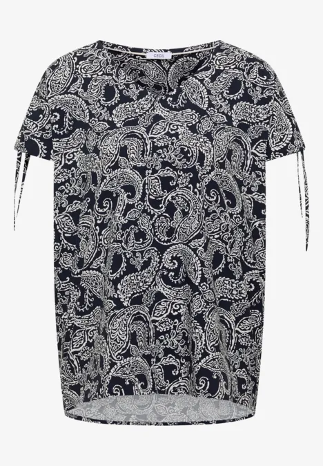 Blouse féminine à manches courtes, imprimé cachemire noir et blanc avec liens aux manches