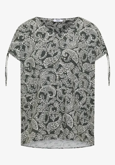 Overhemd met gerimpeld detail khaki Dunkles Shirt mit weißem Paisley-Muster, Rundhalsausschnitt, kurze Ärmel mit Bändern