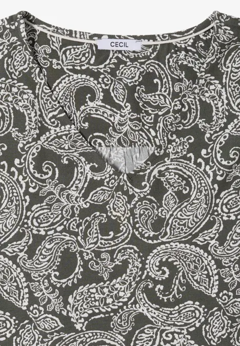 Overhemd met gerimpeld detail khaki Dunkelgraues Oberteil mit weißem Paisley-Muster und V-Ausschnitt.