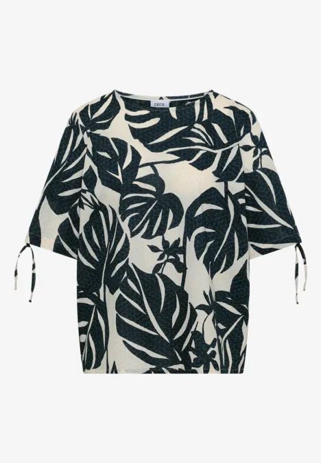 Bluse mit Rundhals und Raffung palm breeze green Cremeweißes Oberteil mit schwarzem Blätterprint und gerafften Ärmeln mit Bändern