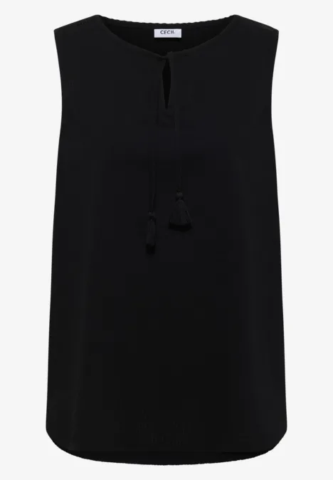 Blusentop mit Split Neck und Bändern Black Schwarzes ärmelloses Top mit Schlitz am Rundhalsausschnitt und Quasten.