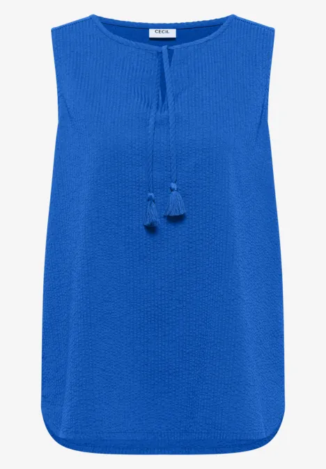 Blusentop mit Split Neck und Bändern surf blue Ärmellose, blaue Damenbluse mit Rundhalsausschnitt und dekorativen Quasten am Vorderteil.