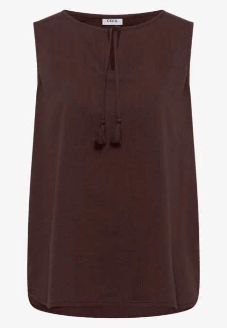 Blusentop mit Split Neck und Bändern brown cacao Ärmellose, dunkelbraune Bluse mit V-Ausschnitt und Zierquasten.