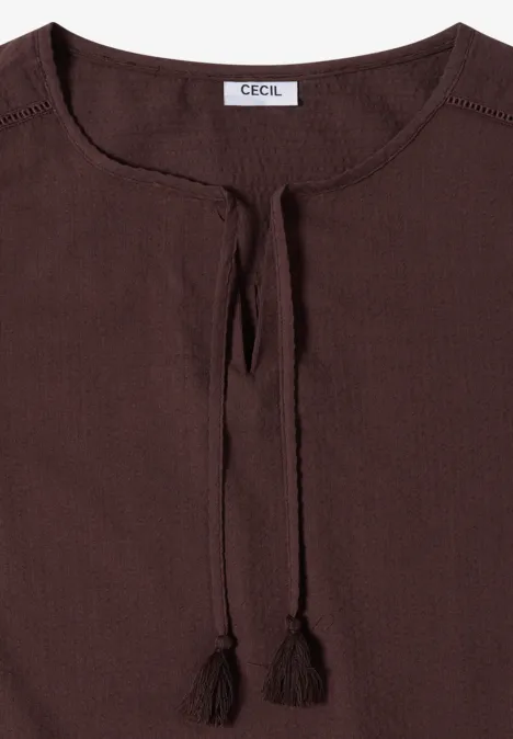Blusentop mit Split Neck und Bändern brown cacao Braune Bluse mit Rundhalsausschnitt, Tunnelzug und Quasten, lässiger Stil.