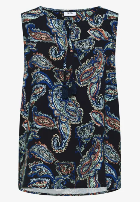 Haut chemisier à col fendu et imprimé universal blue Débardeur fluide bleu foncé à motif cachemire multicolore.