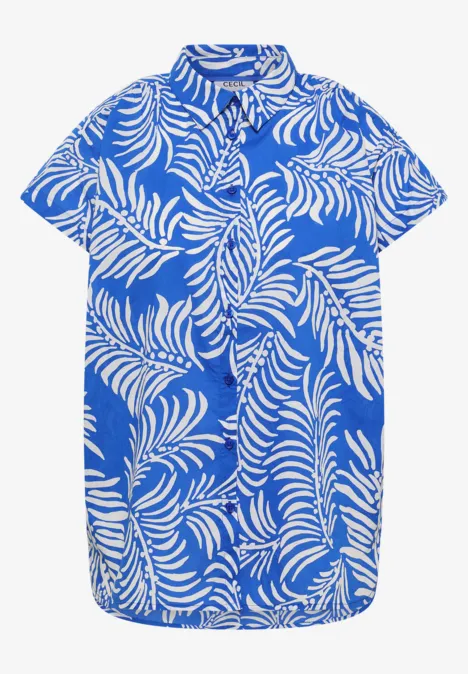 Kurzarm Hemdbluse mit Print surf blue Kurzes Hemdkleid in Blau mit weißem Blattmuster.