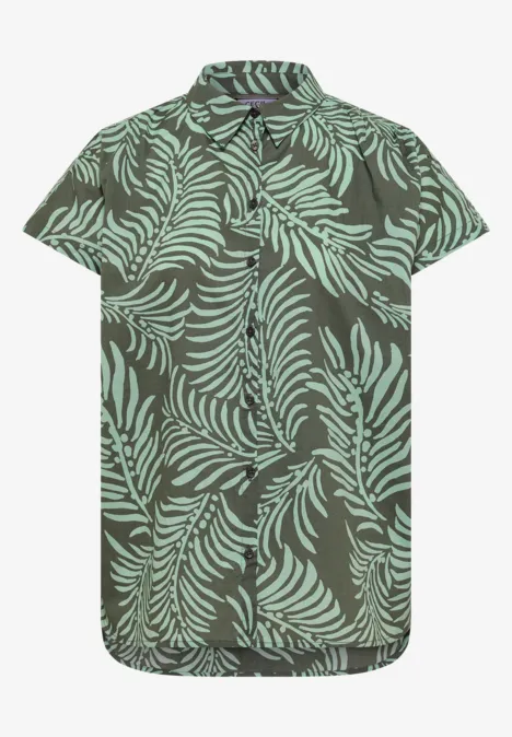 Kurzarm Hemdbluse mit Print khaki Kurzärmliges Hemd mit grünem Farnmuster auf olivgrünem Grund.