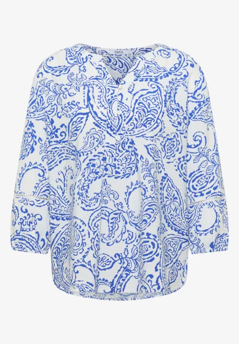 Tuniek met 3/4-mouwen en print vanilla white Damenbluse mit blauem Paisley-Print auf weißem Grund