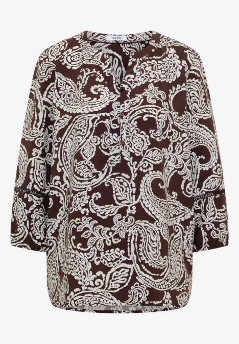 Blouse marron ample à manches 3/4, imprimé cachemire blanc.