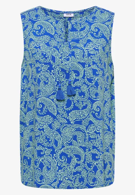 Haut chemisier à col fendu et imprimé surf blue Haut sans manches bleu-vert à motif cachemire, encolure en V avec pompons.