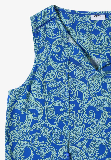 Haut chemisier à col fendu et imprimé surf blue Haut sans manches bleu vif à motif paisley clair.