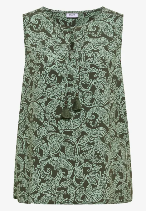 Top sans manches vert à motif paisley avec col V et pampilles.