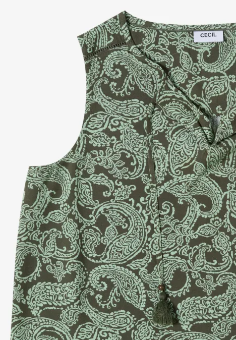 Top sans manches imprimé paisley menthe sur fond sombre, col en V élégant et coupe fluide.