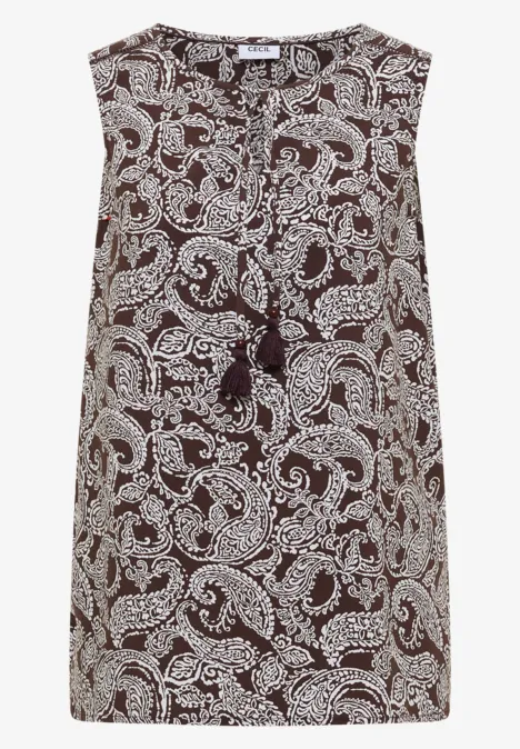 Ärmellose Bluse mit braunem Paisley-Muster und V-Ausschnitt