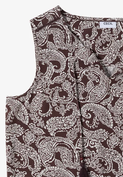 Braunes ärmelloses Top mit weißem Paisley-Muster, schmale Träger und CECIL-Label, lässiger Stil