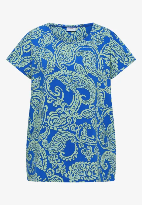 Locker geschnittenes Kurzarmshirt in Blau mit cremefarbenem Paisley-Muster.