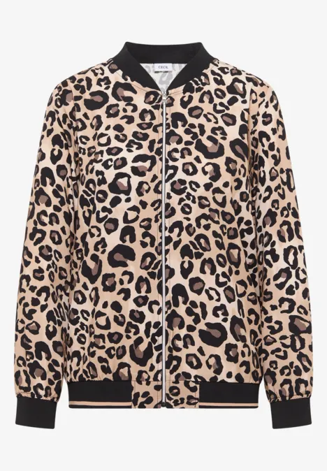 Blouson bomber beige à motif léopard avec col, poignets et bas noirs