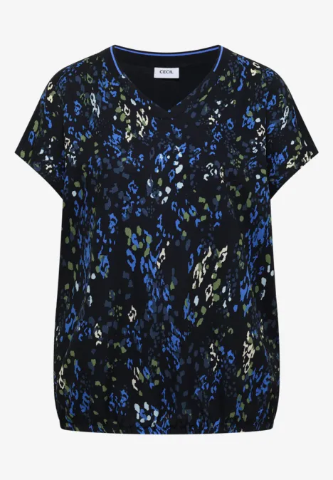 Schwarz-blau-grünes T-Shirt mit abstraktem Blattmuster und V-Ausschnitt.