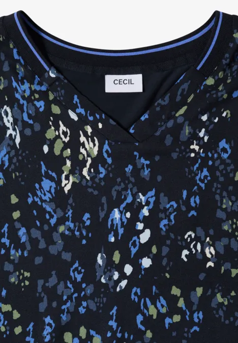Schwarz-blau-grünes Damen-Shirt mit V-Ausschnitt und abstraktem Blumenmuster von CECIL.