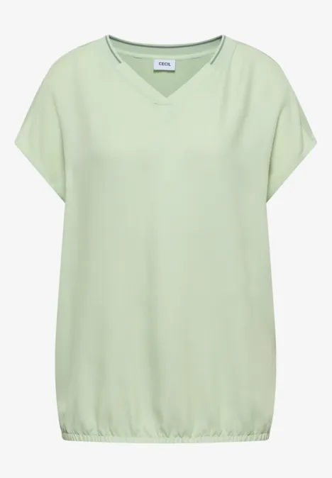 Kurzarm Blusenshirt mit Strukturmix raw matcha lime Mintgrünes Damen-T-Shirt mit V-Ausschnitt, lockeren Ärmeln und elastischem Saum.
