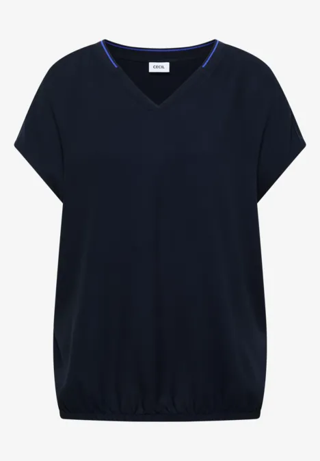 Kurzarm Blusenshirt mit Strukturmix urban dark blue Dunkelblaues V-Ausschnitt-Shirt mit kurzen Ärmeln und elastischem Saum
